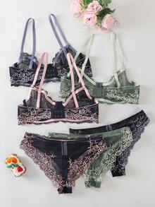 3件/6件套花卉刺绣薄纱文胸内裤套装，可调节肩带，性感舒适的女士内衣套装 - 彩色 - 查看 2