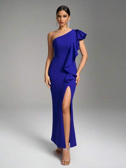 Fuaheng Navy Blue Asymmetric Ruffle Sleeve Cinched Waist High Slit Bodycon Cocktail Dress Party