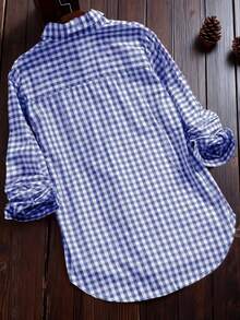 Áo sơ mi dài tay kẻ caro cổ điển thường ngày dành cho nữ, Xuân/Hè - Màu xanh lam - Xem 2
