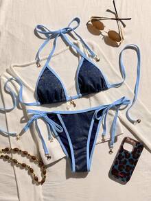 Women's Sexy Backless Contrast Binding Halter Split Bikini Set, Beach Holiday Style - Blue - View 7