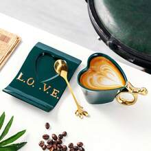 160ml Ceramic Coffee Cup And Saucer Set With Spoon Heart Shaped Special Tea Cups Green - 綠色 - 查看 8