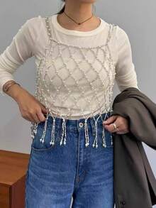 DEKUNER New Tassel Body Chain Top, Korean Style Pearl Loose Camisole Top Without Straps, Can Be Paired With Shirts, Sweaters, Multiple Colors, Suitable For Christmas Decoration - Silver - View 2