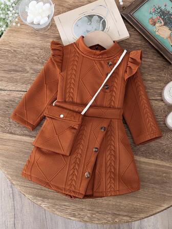 3pcs/Set Baby Girls' Fashion Casual Ruffle Trim Long Sleeve Top + Matching Skirt Shorts + Matching Bag Set