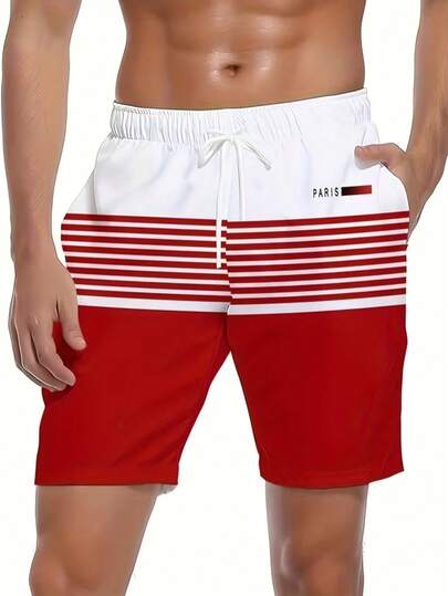 Men's Striped Drawstring Waist Casual Fashion Beach Shorts
