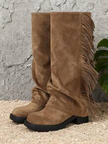 Slouchy Fringe Western Cowboy Boots For Women, Knee High Low Heel Cowgirl Boots, Suede Boots For City Walk, Music Festival & Country Concert - màu nâu - Xem 15