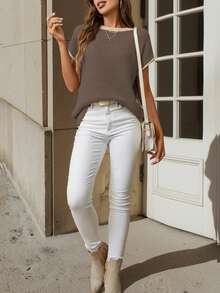 Women's Contrast Trim Casual Contrast Patchwork Batwing Sleeve Knit Top, Short Sleeve Knit Sweater, Sleeveless Tank Top, Summer Top, Spring Clothing, Loose Camisole, T-Shirt - Coffee Brown - View 3