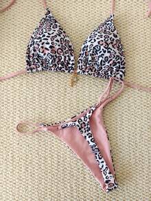 2026 New Leopard Print Pearl Bikini Swimsuit, European Style Tie-Up Tankini Set For Women, Leopard Full Body Print Twist Back Tie Swimwear, Vacation Beach - Leopard - View 4