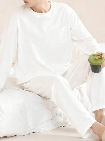 AICJ 2pcs/Set Men's Casual Loose Solid Color Sleepwear Set, Round Neck Pullover Top And Pants, Suitable For Spring, Autumn, Winter, Warm And Comfortable Home Wear