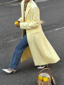 Abrigo largo recto de mujer de color amarillo mostaza sólido, versátil para uso diario, ir a la oficina y varias ocasiones, otoño/invierno - Amarillo - Ver 2