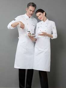 Men New Fashion Chef Uniform Long Sleeve Coat, High-End Hotel/Restaurant/Bakery/Cafe , Stylish & Unique Design With Hoof Cuffs, Oblique Placket, Comfortable & Breathable Fabric, Durable, Pen Pocket For Small Items - White - View 6