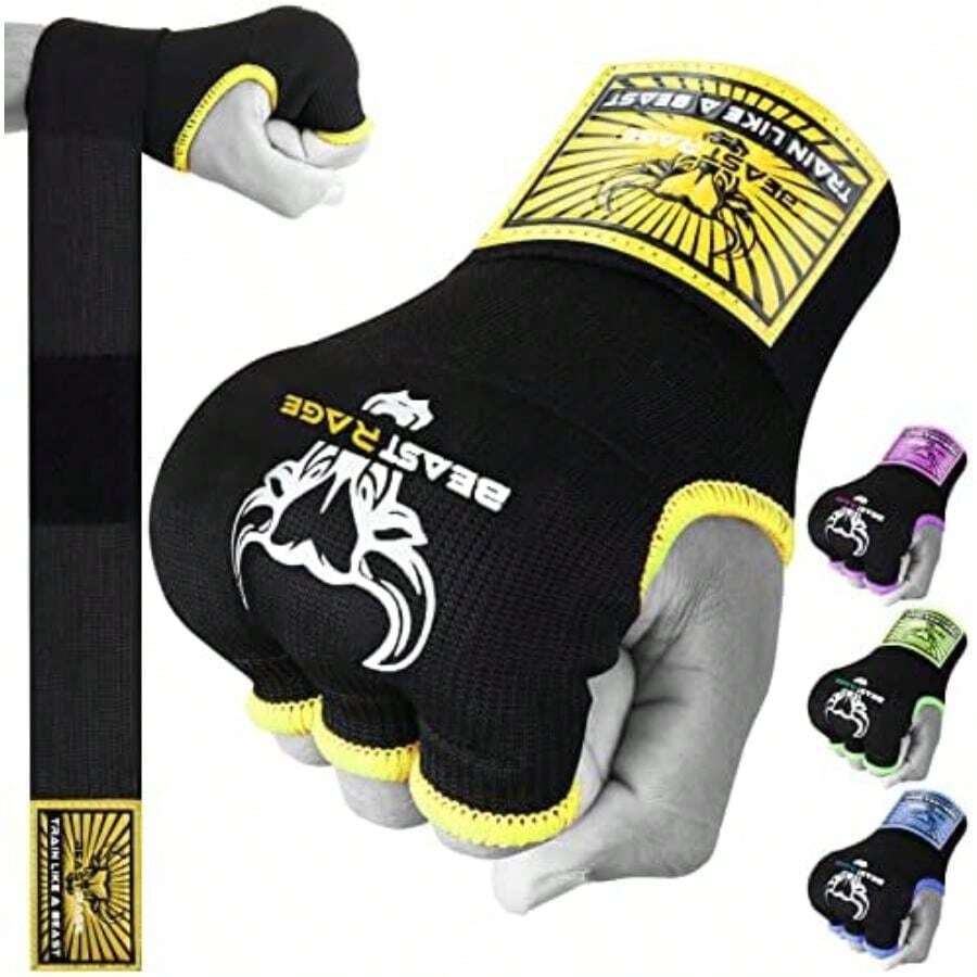 BEAST RAGE Guantes de Boxeo de Gel para Manos MMA 75 cm Largo Acolchados elásticos Saco Boxeo rápido Entrenamiento Muay Thai Vendas UFC para Hombres Mujeres y niños(XL adulta Amarillo) - Multicolor - Ver 1