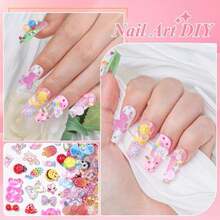 300Pcs 3D Cartoon Candy Breads Nail Art Charms,20 Grids Mixed Assorted Color Doughnut Lollipop Ice Cream Bread Dessert Cakes Cartoon Spoon Fork With Pickup Tool For DIY Crafts Accessories (Bread) - ColorF - 查看 6