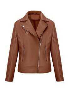 女士仿皮夹克，休闲短款PU摩托车夹克 - 棕色 - 查看 8