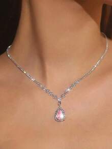 Dây chuyền mặt hình giọt nước Cubic Zirconia màu xanh navy cổ điển, Dây chuyền phong cách tiệc tùng thanh lịch dành cho nữ, Dây chuyền quà tặng tinh tế - màu xanh vàng - Xem 7