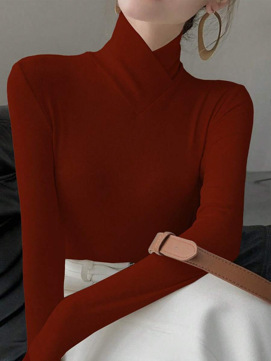 Women's Solid Color Knit Criss-Cross Collar Undershirt, Office Wear Spring New Item Casual