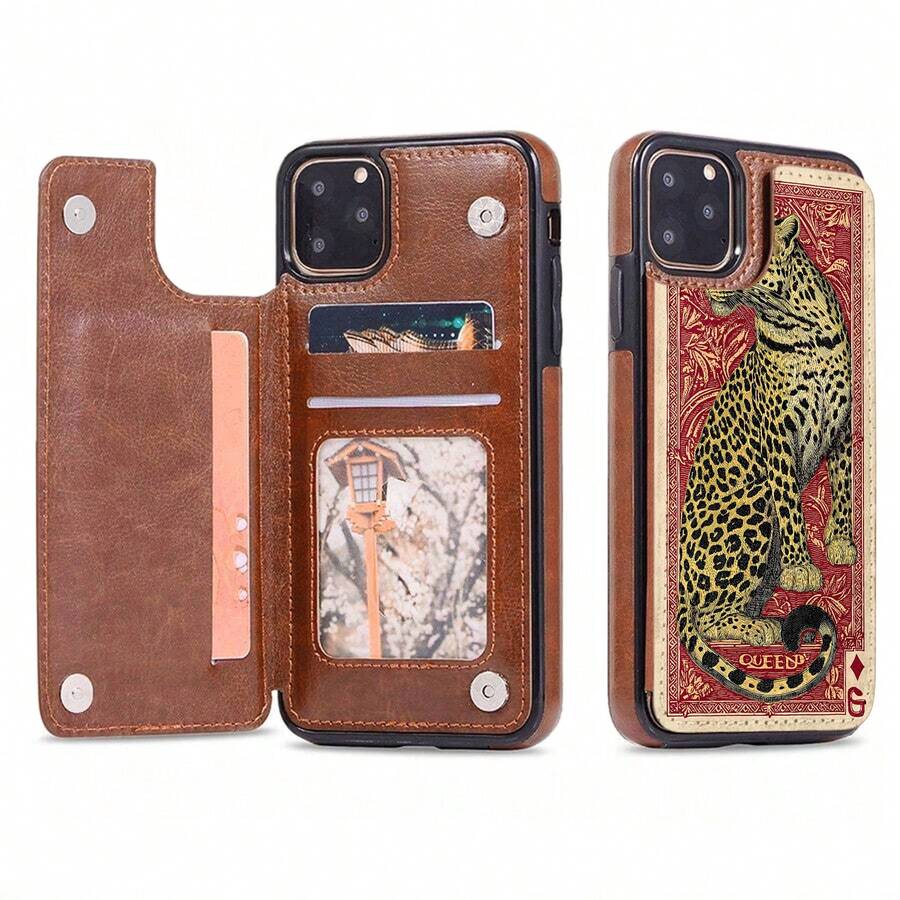Funda tipo cartera Leopard Queen adornada con artísticos motivos de diamantes y una elegancia regia, apta para iPhone 16e, 16, 15, 14 Plus, 13, 12, 11 Pro Max, SE, 2022, 7, 8 Plus, X, XR, XS Max. Incluye tarjetero y doble cierre magnético. Funda protectora duradera. - Marrón - Ver 1