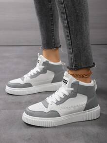 Fashionable, Breathable Thick-Soled Mid-Top Sneakers, Korean Style Leather Casual Vulcanize Shoes, Increase Height, Sports Sneakers, Skate Shoes, For Spring & Autumn - Grey - View 13