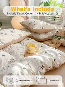 3件套米色可爱卡通熊超柔软加厚水洗超细纤维被套套装（1件被套+2件枕套），枕套随机裁剪，不含被芯 - 黑與白 - 查看 5