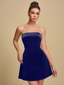 女士新款优雅浪漫无肩带黑色丝绒迷你连衣裙，适合婚礼季和派对；女士高腰A字连衣裙，适合与朋友享用早午餐、约会、情人节、生日等场合。 - 藏蓝色 - 查看 5