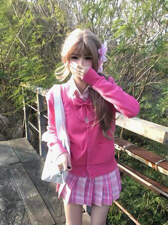 1pc Sweet School Style Cardigan Uniform/Candy Girl Loose Knit Sweater + Plaid Skirt Set/Japanese Soft Girl Layered Outfit Jacket + Top + Skirt + Tie 4-Piece Set, Suitable For Photoshoot, Cosplay, Daily Wear