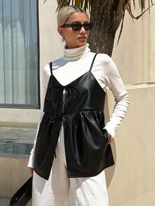 Livesso 女士纯黑色PU面料系带抽绳宽松百搭休闲吊带背心