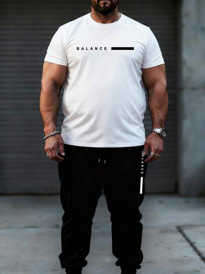 Bộ đồ nam thời trang thường ngày BALANCE in họa tiết, áo thun cổ tròn tay ngắn và quần, cỡ lớn.