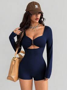 AITYI Studio 女士连体裤，休闲日常镂空金属装饰性感时尚户外装，适合毕业季、返校季、圣诞节、秋冬季穿着，弹力针织长袖短裤，合身舒适 - 藏蓝色 - 查看 4