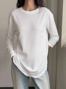 DAZY Women's Solid Color Casual Long Sleeve Loose Fit Round Neck T-Shirt Fall Tops