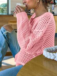 Cárdigan de mujer de punto hueco con botones, diseño de cuello redondo, manga larga y hombros caídos, ligero y transpirable, suelto y casual, adecuado para primavera, verano y otoño - Rosa - Ver 8
