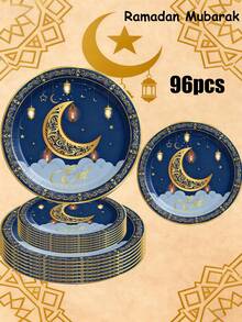 [Ramadan Special Offer]24/48/96/100 Pcs/Set Disposable Cutlery Set, Including 7-Inch Paper Tray, 9-Inch Paper Tray,Supplies For Ramadan Kareem Festival, Eid Mubarak Decorations, Supplies For Islamic And Muslim Meetings, Eid Al-Fitr Decoration, Ramadan Gifts, Ramadan Home Supplies, Kitchen Supplies, Paper Cutlery For The Family Holiday Of Eid - Multicolor - View 2