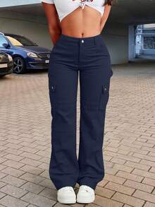 女士纯色直筒休闲多口袋工装裤 - 藏蓝色 - 查看 2