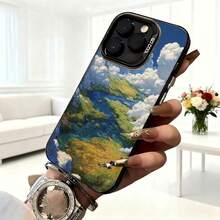 Cubierta de telefono con diseño de paisaje natural azul y verde con nubes y rios para iPhone 14 Pro Max estilo artístico ideal para uso diario en cafeterias y salones - Negro - Ver 6