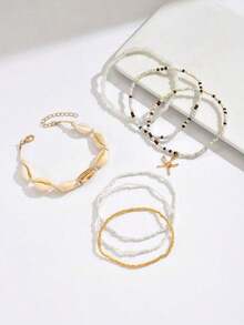 7pcs Bohemian Seed Bead Ankle Bracelet Set, Starfish Beach Jewelry Women Girls, Summer Vacation Party Wear, Boho Chic Anklet Accessories - 7件橫條紋 - 查看 6