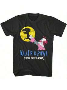 Men  Size  Outer Space Shadow Puppet Show Graphic Tee Men Black T-Shirt For Killer Klowns Fans Perfect For Halloween And Horror Movie Enthusiasts  Men Size L-3XL - 黑色 - 查看 1
