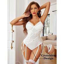 Lingerie For Women Sexy Corset Garter Lingerie Set One Piece Teddy Bodysuit Boudoir Outfit,31371372 - 白色 - 查看 2
