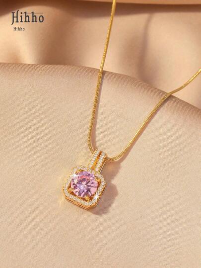 Hihho 1pc Pink Gemstone Necklace, Gold Snake Bone Chain Luxurious Design, Suitable For Everyday Wear, Dates, Outfit Accessory