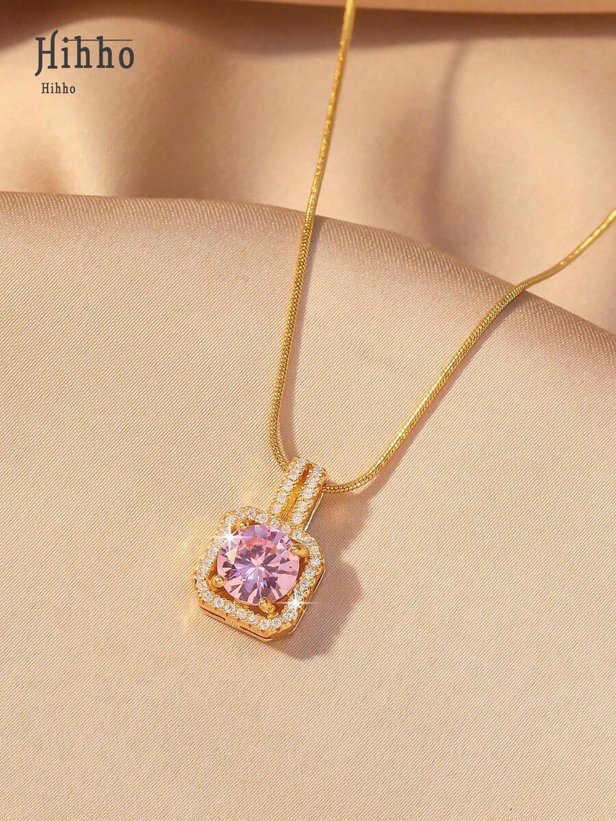 Hihho 1pc Pink Gemstone Necklace, Gold Snake Bone Chain Luxurious Design, Suitable For Everyday Wear, Dates, Outfit Accessory - Pink - View 1