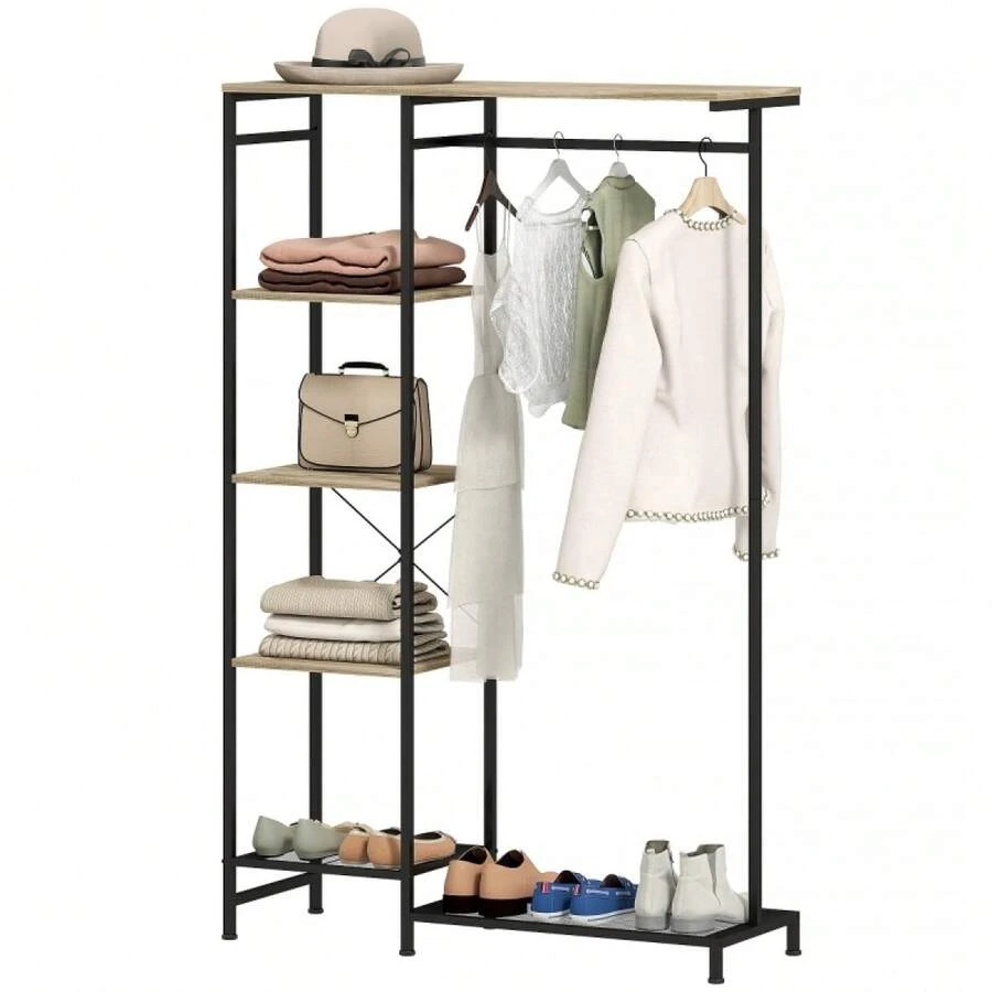 HOMCOM Wardrobe, Clothes Rack With Hanging Rail, Shoe Shelf With Tilt Protection In Oak - 1 - View 1