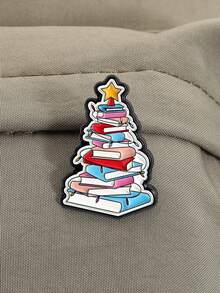 1pc Book Christmas Tree Badge Colorful Meme Style Stacked Books Holiday Design For Book Lovers And Christmas Fans Seasonal Accessory - Multicolor - View 5