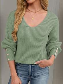 Áo len nữ cơ bản dáng rộng cổ chữ V cài nút, chất liệu dệt kim gân nhẹ, màu xám nhạt, kiểu dáng thường ngày. - Màu xanh Bạc hà - Xem 4