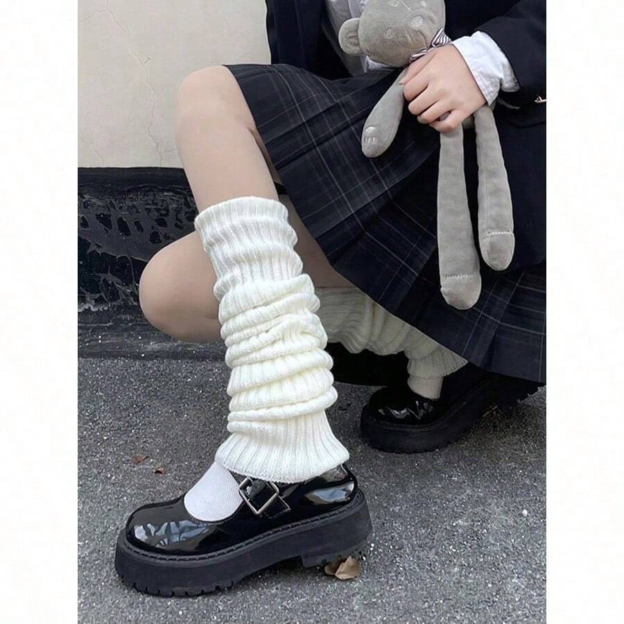 1pair Girls' Solid Color Vertical Stripe Warm & Cute Decorative Leg Warmers Suitable For Spring, Autumn And Winter Halloween - 白色 - 查看 1