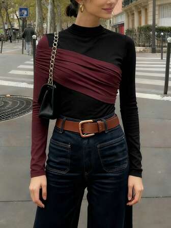 2025秋冬新款女士优雅秋冬修身长袖衬衫，撞色褶裥设计，适合日常旅行、休闲和通勤，长袖拼接，内置口袋，方便外出，优雅时尚。