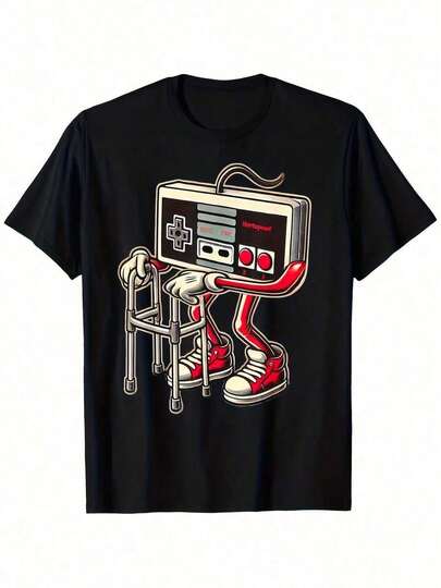 Camiseta gráfica retro de juegos para hombres - Diseño de consola de videojuegos vintage con zapatillas rojas y detalle de cable, camiseta casual negra para el verano, cuello redondo de ajuste regular, ropa de juegos |   Camiseta de Juego Retro |   Ropa Casual Duradera