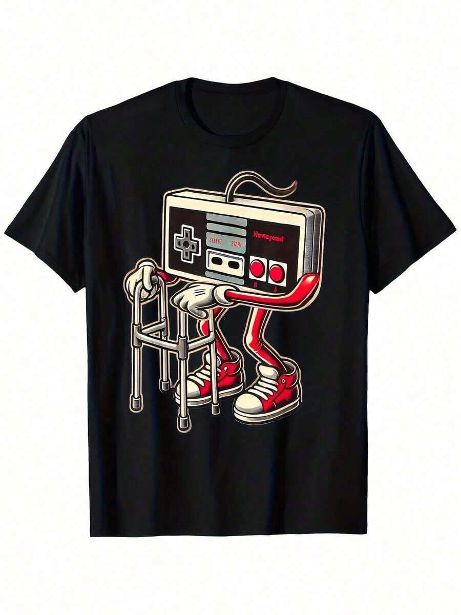 Men's Retro Video Game Graphic T-Shirt - Vintage Video Game Console Design With Red Sneakers And Cable Details, Black Casual Summer Tee, Regular Fit Crew Neck, Video Game Apparel | Retro Video Game T-Shirt | Durable Casual Wear - 黑色 - 查看 1