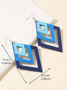 1 Pair Wooden 3-Piece Ombre Rhombus Combination Earrings For Women, Oversized Exaggerated Drop Earrings, Vintage & Unique - Blue - View 6