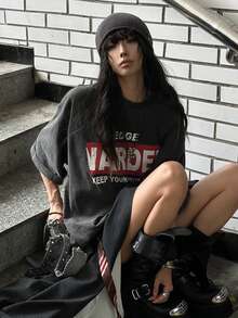 Round Neck Short Sleeve T-Shirt, Summer New Digital Pattern And Letter Print, Fashionable Casual Loose Women's Top - Dark Gray - View 8