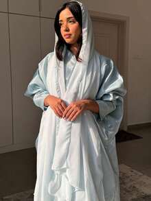 1 pezzo di elegante abito blu lucido stile arabo, cardigan elegante e raffinato con apertura anteriore, adatto per occasioni versatili quotidiane, festival e viaggi primaverili - celeste - Visualizzare 4