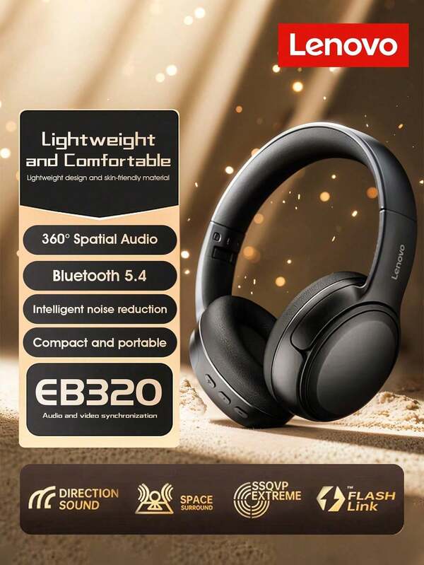  Lenovo Wireless Bluetooth Over Ear Headphones, EB320, Noise Cancellation, 40MM Large Speakers, Foldable, Lightweight And Comfortable, Long Battery Life, Bluetooth 5.4, Suitable For Gaming, Music, Sports, Compatible With IOS Android PC
