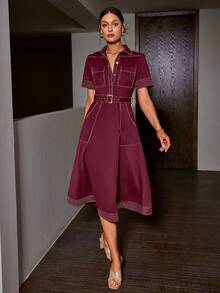 Sollinarry Đầm ngắn tay nữ kiểu dáng vintage thời trang thường ngày, cổ bẻ, phối màu tương phản với cúc cài phía trước và túi hông, dáng ôm eo, chất liệu nhẹ, thoáng khí, không co giãn, dễ bảo quản. Nên đặt mua lớn hơn một size để có kiểu dáng vừa vặn hơn. - Màu đỏ tím - Xem 3