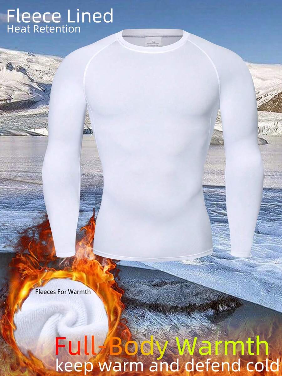 Thermal Lined High-Elastic Compression Sports Long Sleeve T-Shirt, Perfect For Running And Working Out, Outdoor Activities Such As Hunting, Skiing And Gym. Can Be Used As A Warm Base Layer Shirt For Cold Weather. - White - View 1